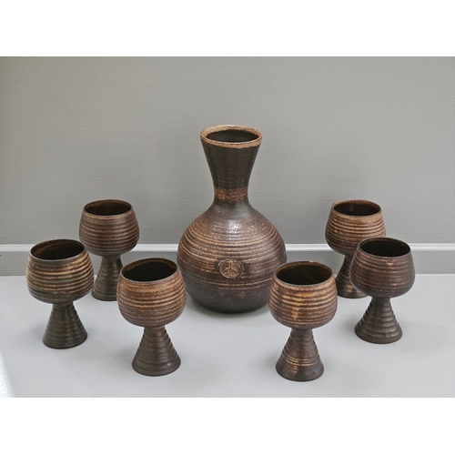 249 - Ceramic Bulb Shaped Vase & Plate, Blue & White Jug, Brown Pottery Decanter & Goblets Etc