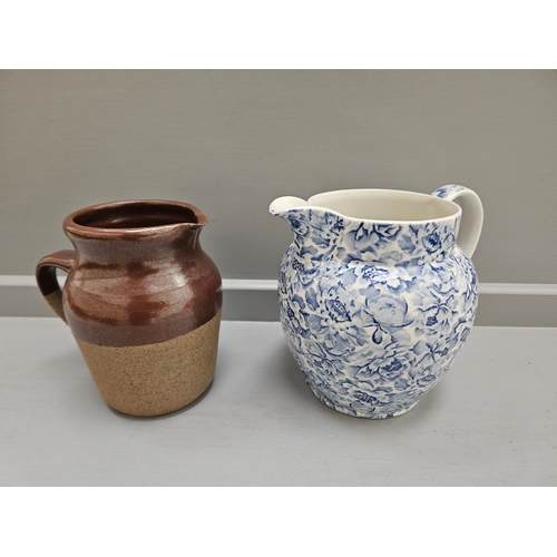 249 - Ceramic Bulb Shaped Vase & Plate, Blue & White Jug, Brown Pottery Decanter & Goblets Etc