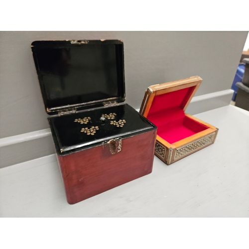 337 - Inlaid Musical Jewellery Box, Oriental Wooden Tea Caddy & 1 Other