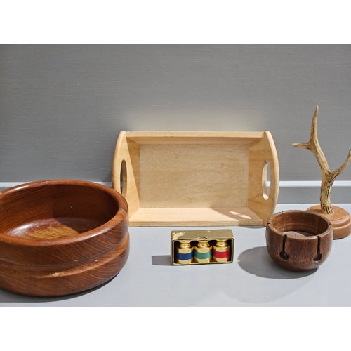 376 - Box Including Wicker Bottle Basket, Treen Bowls, Etc