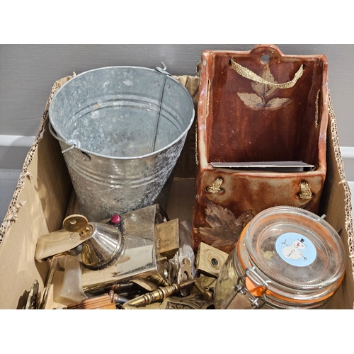 387 - Box Including  Brass Door Fittings, Horse Brasses, Small Bucket Etc