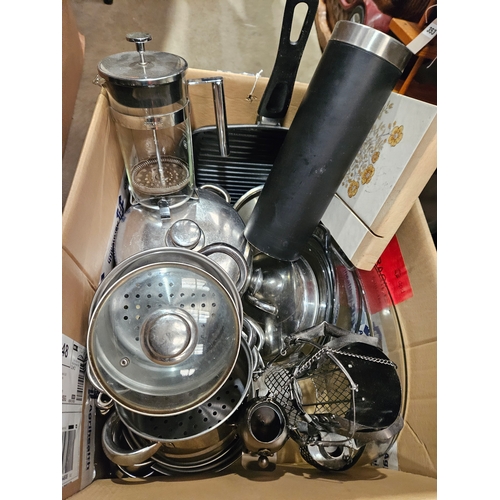 389 - Box Including Pans, Kitchenalia Etc