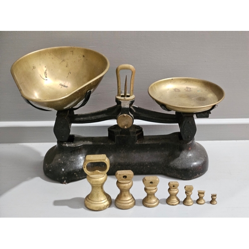 396 - Metal & Brass 'Libra Scales Co' Scales & 7 Weights