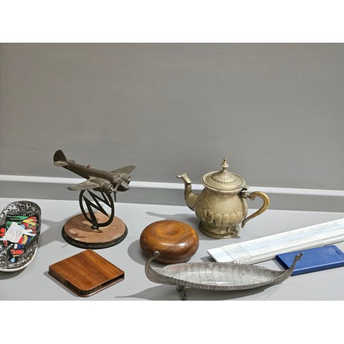 414 - Box Including Brass Plane Desk Piece, Brass Teapot, Slide Rule, 2 Treen Pieces Etc