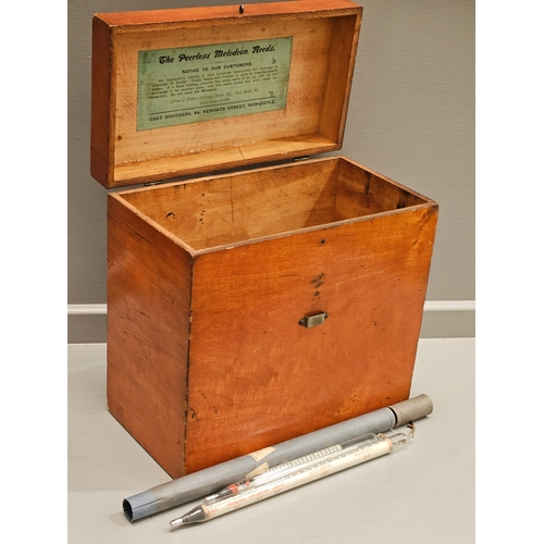 437 - 'The Peerless Melodeon Reeds' Wooden Box, 2 Dairy Thermometers