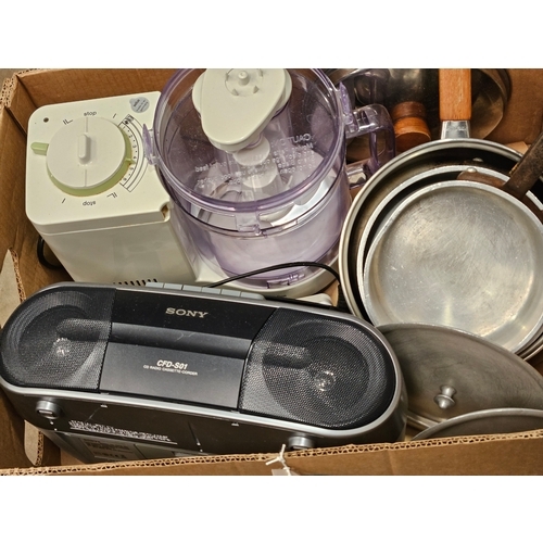 448 - Box Including Sony Radio, Pans Etc