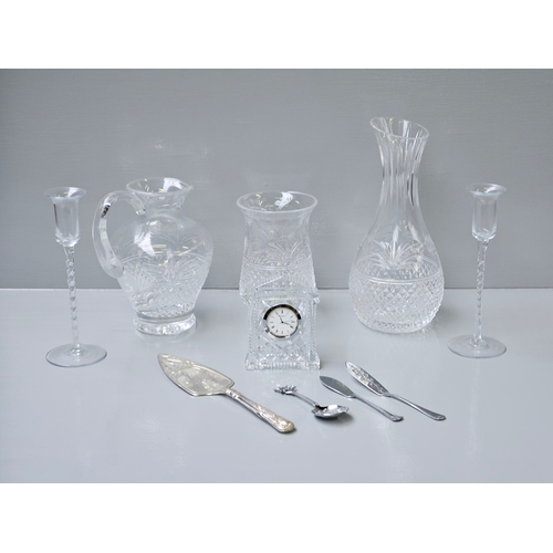 41 - Box Including Cut Glass Vases, 6 Pc Coloured Glass Water Set,  Waterford Crystal Mantel Clock Etc