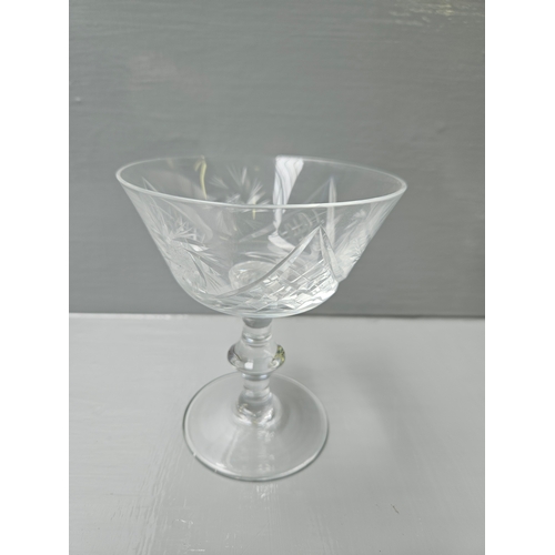 62 - 11 Cut Glass Champagne Coupes/Dishes, 5 Cut Glass Wine Glasses