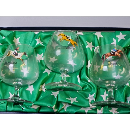 70 - 3 Horse And Jockey Commemorative Glasses In Box - Martell Cognac Grand National 2002, Glass Light Sh... 