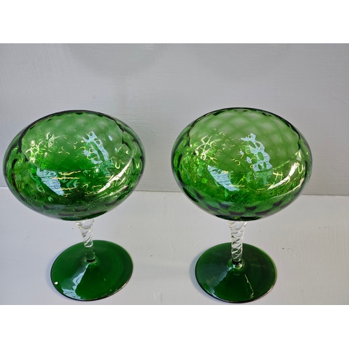 82 - A Pair Of Green Glass Compote Dishes/Bowls With Clear Twisted Stems H20cm