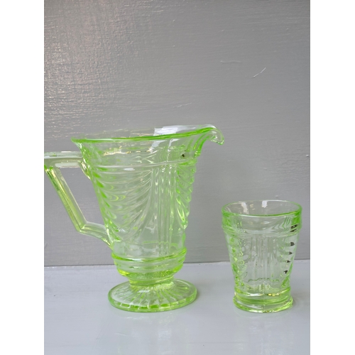 84 - Vintage Art Deco Sowerby Style Glass 7 Pc Green Water Set, Green Glass Coronation Plate Etc