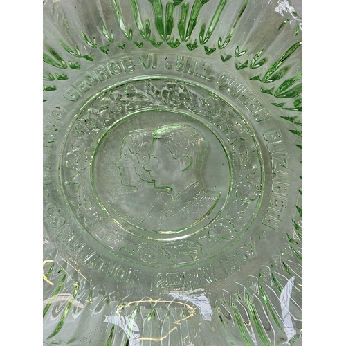 84 - Vintage Art Deco Sowerby Style Glass 7 Pc Green Water Set, Green Glass Coronation Plate Etc