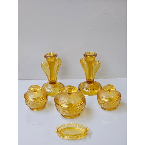 87 - 7 Pc Art Deco Amber Glass Dressing Table Set