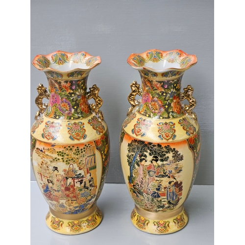 153 - A Pair Of Satsuma Style Japanese Embellished Gold Vases H35cm