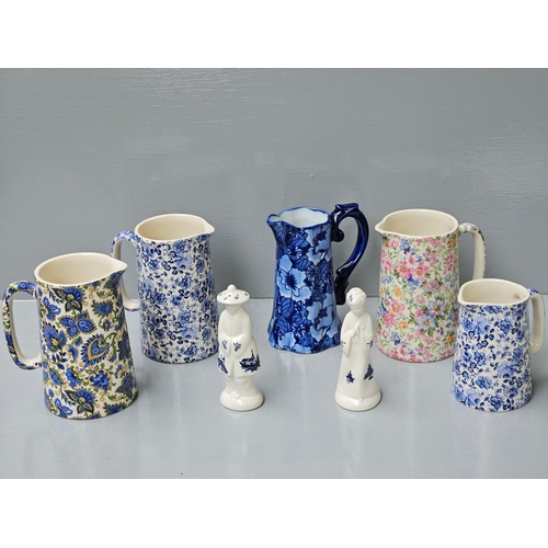 157 - Box Including Assorted Heron Cros Pottery  Jugs, Regal Miniature Blue & White Teaset In Box, 2 Blue ... 