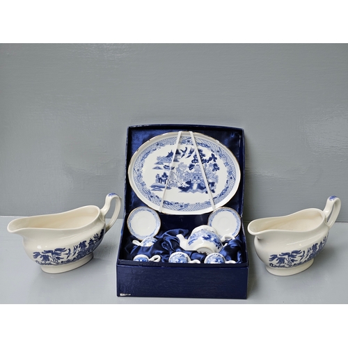 157 - Box Including Assorted Heron Cros Pottery  Jugs, Regal Miniature Blue & White Teaset In Box, 2 Blue ... 