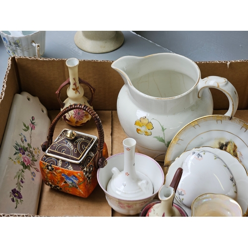 182 - Box Including Assorted China - Shaving Mug, Moustache Mug, Toby Jug, 2 Tiles Etc