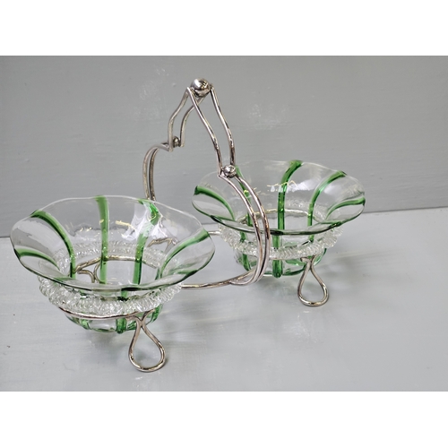 96 - A Pair Of Cranberry Glass Oil/Vinegar Decanters In Plated Stand, A Pair Of Green Glass Dishes In Pla... 