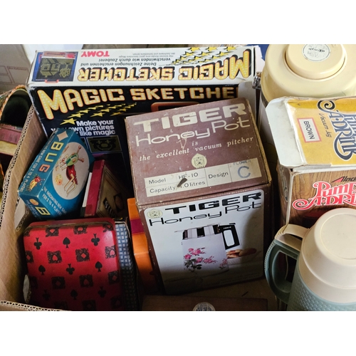 326 - Box Including Thermos Flasks, Games, Vulcan Child's Sewing Machine In Original Box Etc