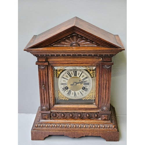 402 - Oak Brass Dial Mantel Clock With Key H39cm