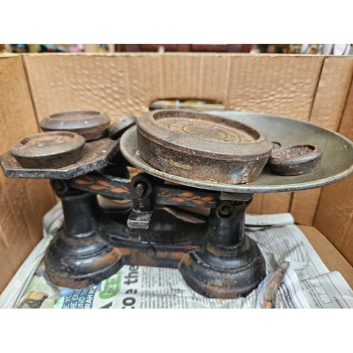 380 - Box Including Tin Helmet, Gas Mask In Box, Enamel & Tin Carrying Cans, Old Kitchen Scales, Old Mince... 