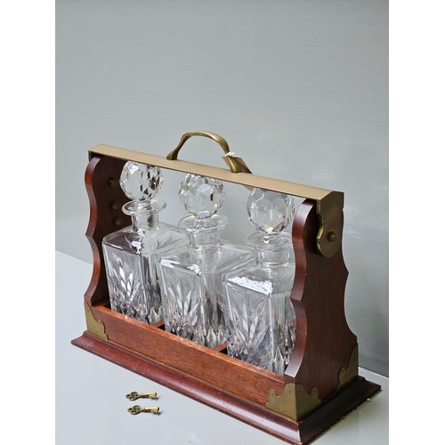 412 - Piers Hart Mahogany 3 Bottle Cut Glass Tantalus H32cm W42cm With 2 Keys & Instructions