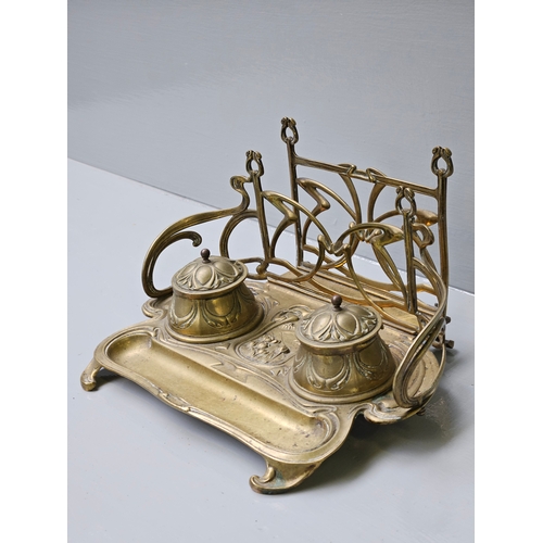 413 - Art Nouveau Brass Inkwell/Letter Rack H16cm W28cm