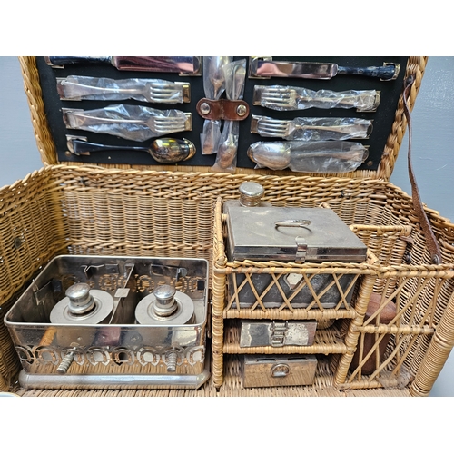 528 - Victorian Wicker Picnic Hamper Including Spirit Burners, Kettle, Sandwich Boxes, Enamel Cups, Saucer... 