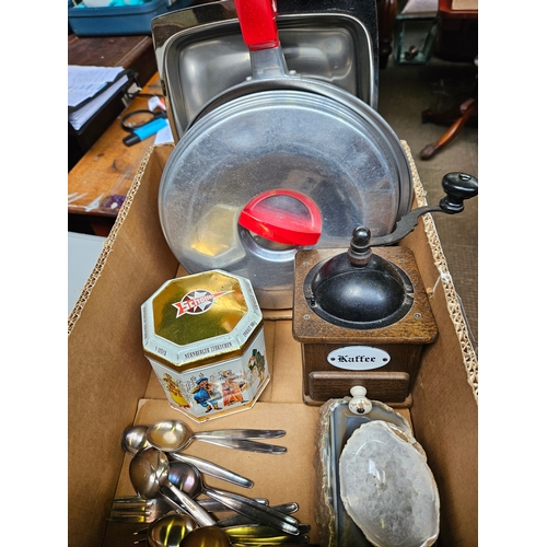 529 - Box Including Kitchenalia, Prestige Egg Beater, Old Tins, Etc