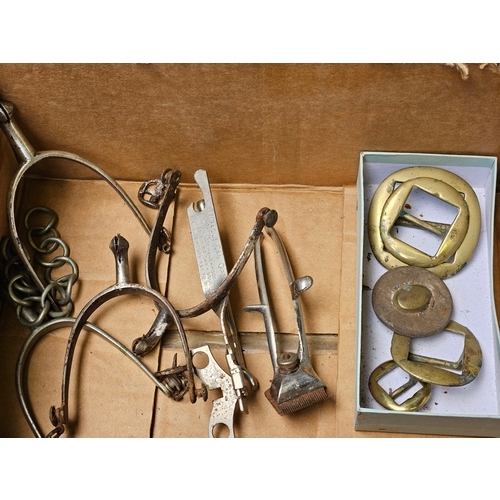 531 - Box Including Spurs, Horse Shoe, Brass Buckles, Victorian Oil Can Etc