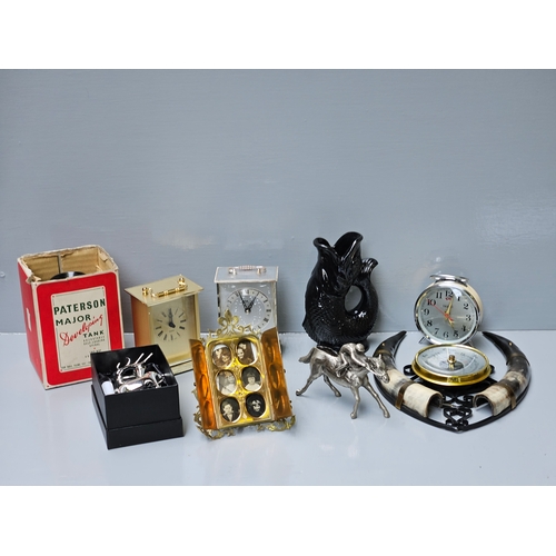 618 - Box Including Assorted Mantel Clocks, 4 Tudor Crystal Whisky Tumblers, Barometer, Photo Frame, Egg C... 