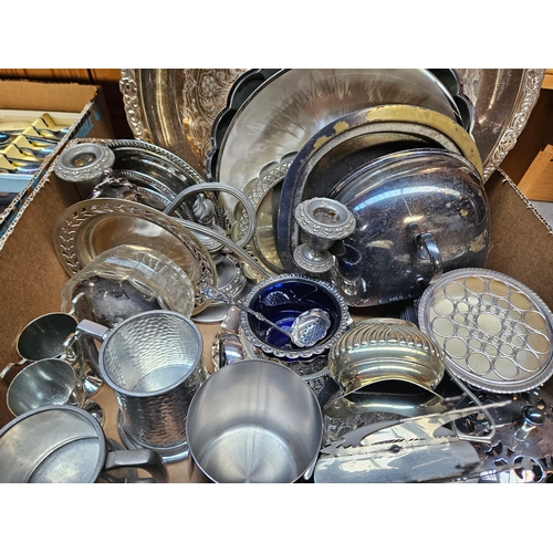 690 - Box Including Plated Trays, Pewter Tankards Etc