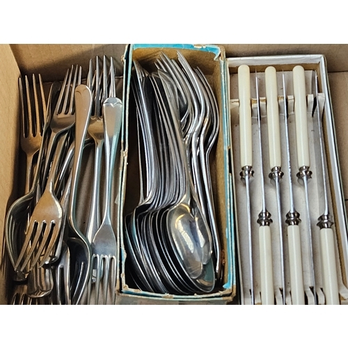 685 - Box Including Plated Gallery Tray, Assorted Sets Of Knives, Spoons, Forks Etc