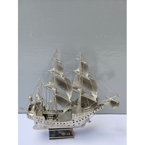 729 - Silver Plated Tall Ship H15cm W18cm