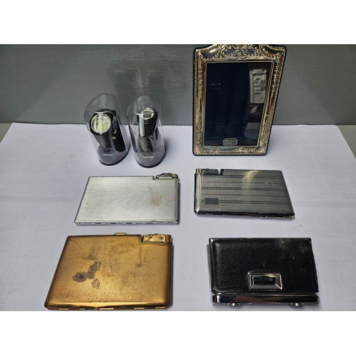 738 - Silver Plated Photo Frame, 3 Plated Cigarette Cases, Binoculars In Case, 2 Wrist Watches