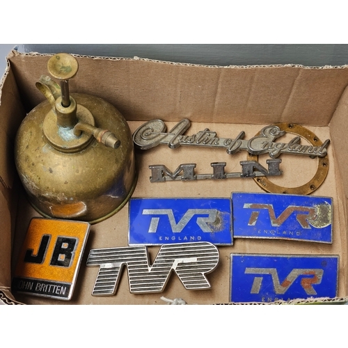 755 - 12 Assorted Car Badges, Brass Plant Sprayer