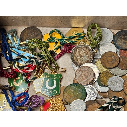 760 - Box Including Assorted Coins, Horse Racing Badges, Leather Purses Etc