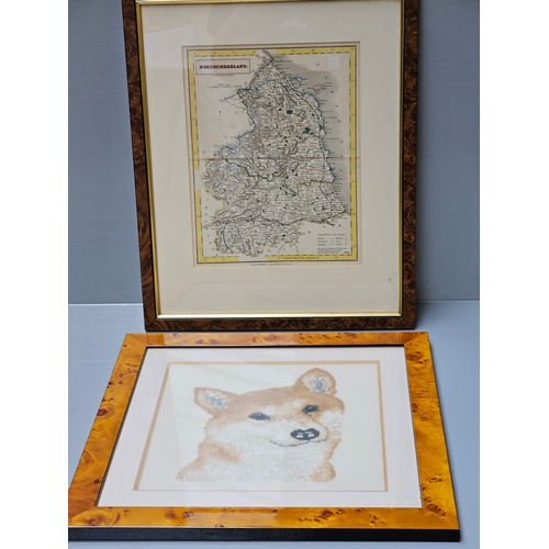 762 - Framed Map Of Northumberland, 4 Coloured Engravings, Framed Needlework Fox