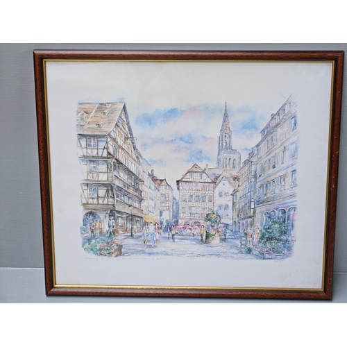 767 - Framed Sampler 1935, 3 Landscape Prints, 2 Watercolours