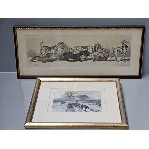 769 - George VI Signed Printed Certificate, Dog Cartoon Print, 5 Assorted Needlework & Tapestries Etc