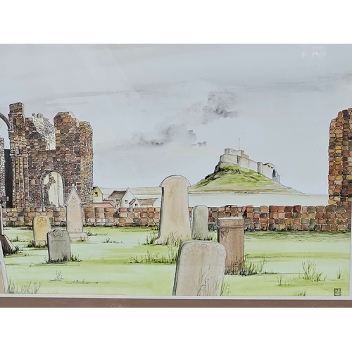 815 - Framed Print 'Lindisfarne Castle From The Priory' By Peter E Hughes 1981 H60cm W70cm