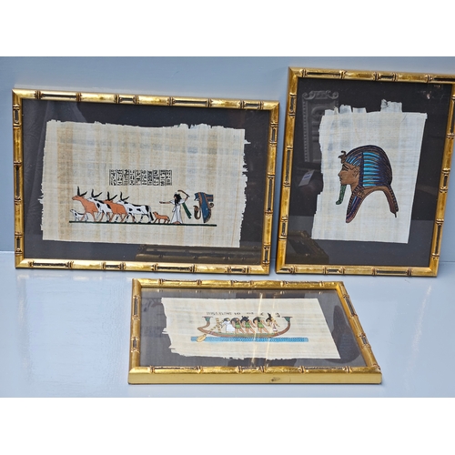 843 - 3 Framed Hand Painted Egyptian Papyrus Paintings, Golfing Print Etc