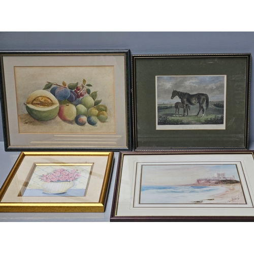 845 - 2 Prints Of Morpeth Market, Map Of Northumberland, 2 Still Life, Horse Engraving & 1 Other