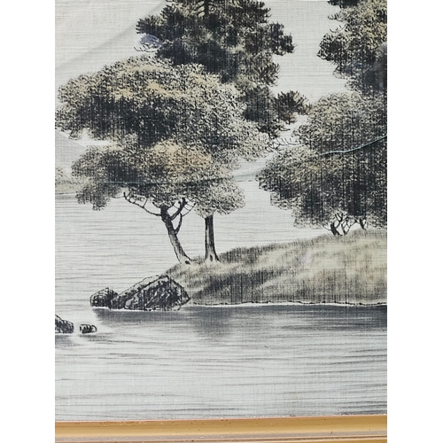 859 - Oriental River Scene Embroidery In Frame H68m W68cm (Glass Broken)