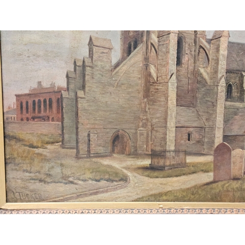 862 - Oil On Board Of A Church In Heavy Oak Frame By J Tucker H69cm W87cm