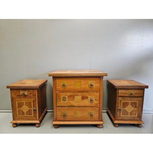 901 - Oak Marquetry Style 3 Drawer Chest Of Drawers H83cm W80cm D50cm & 2 Matching Bedside Cupboards