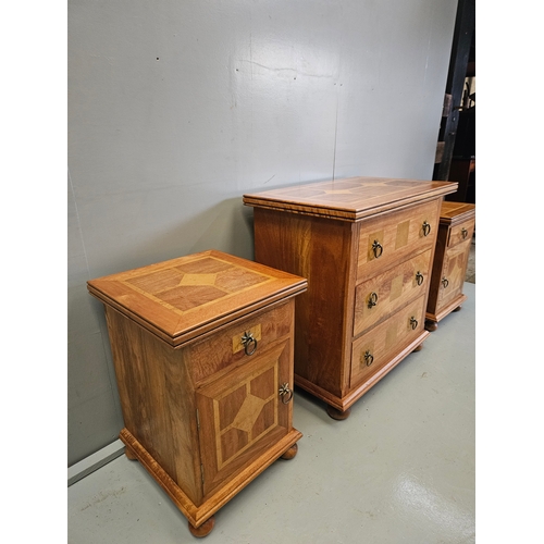 901 - Oak Marquetry Style 3 Drawer Chest Of Drawers H83cm W80cm D50cm & 2 Matching Bedside Cupboards