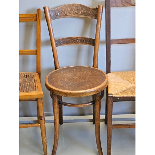 936 - 2 Beech Bedroom Chairs, Bentwood Chair, 2 Oak Rush Seated Chairs