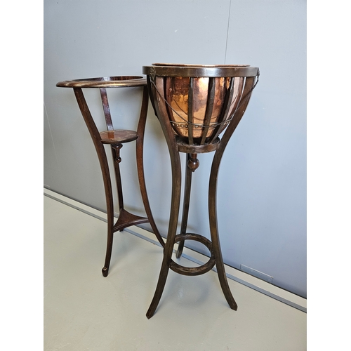 943 - Victorian Mahogany Plant Stand & Copper Jardiniere, Oak Plant Stand