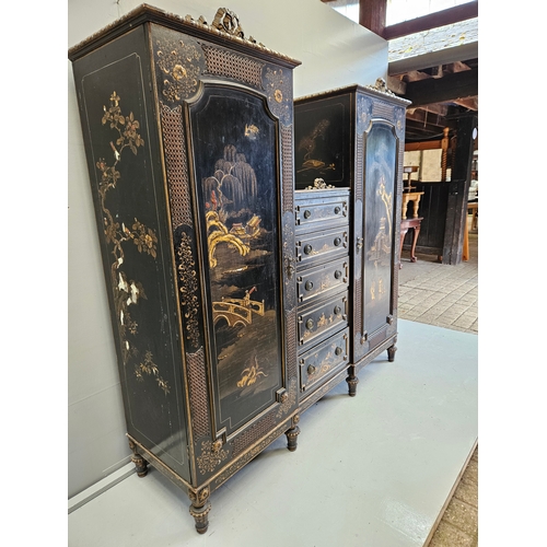 947 - Chinoiserie Lacquered Wardrobe H186cm W182cm D50cm With 2 Keys